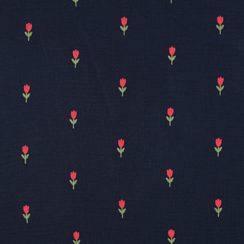 NAVY DOUBLE GAUZE EMBROIDERY FLOWERS 03795.002