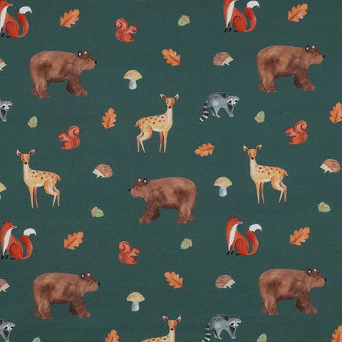 GREEN FINE POPLIN DIGITAL FOREST ANIMALS 04082.007